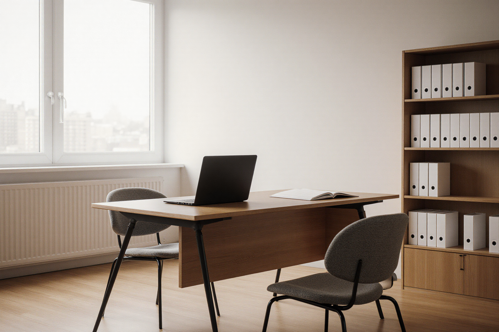 Helles Fachbüro mit Schreibtisch, Laptop und Ordnerregal